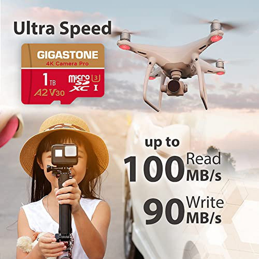 [5-Yrs Free Data Recovery] Gigastone 1TB Micro SD Card, 4K Video Recording for GoPro, Action Camera, DJI, Drone, Nintendo-Switch, R/W up to 100/90 MB/s MicroSDXC Memory Card UHS-I U3 A2 V30, w/adapter