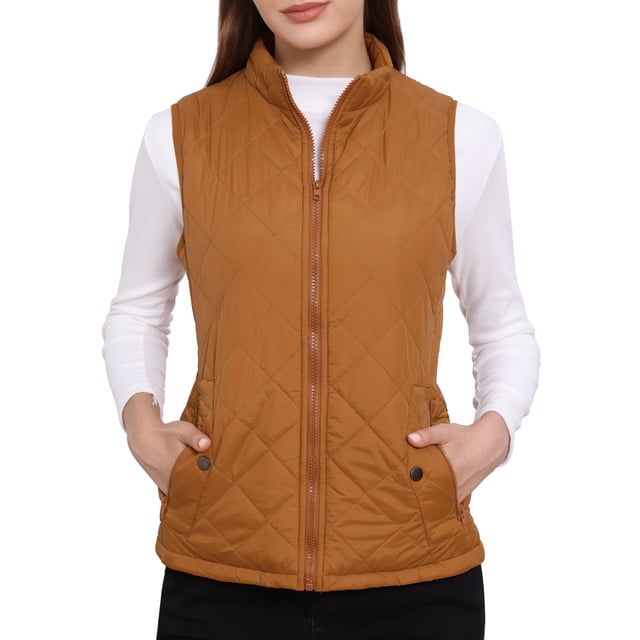 INSPIRE CHIC Chalecos de mujer con cuello alto, chaleco acolchado con cremallera, talla XS, marrón silla
