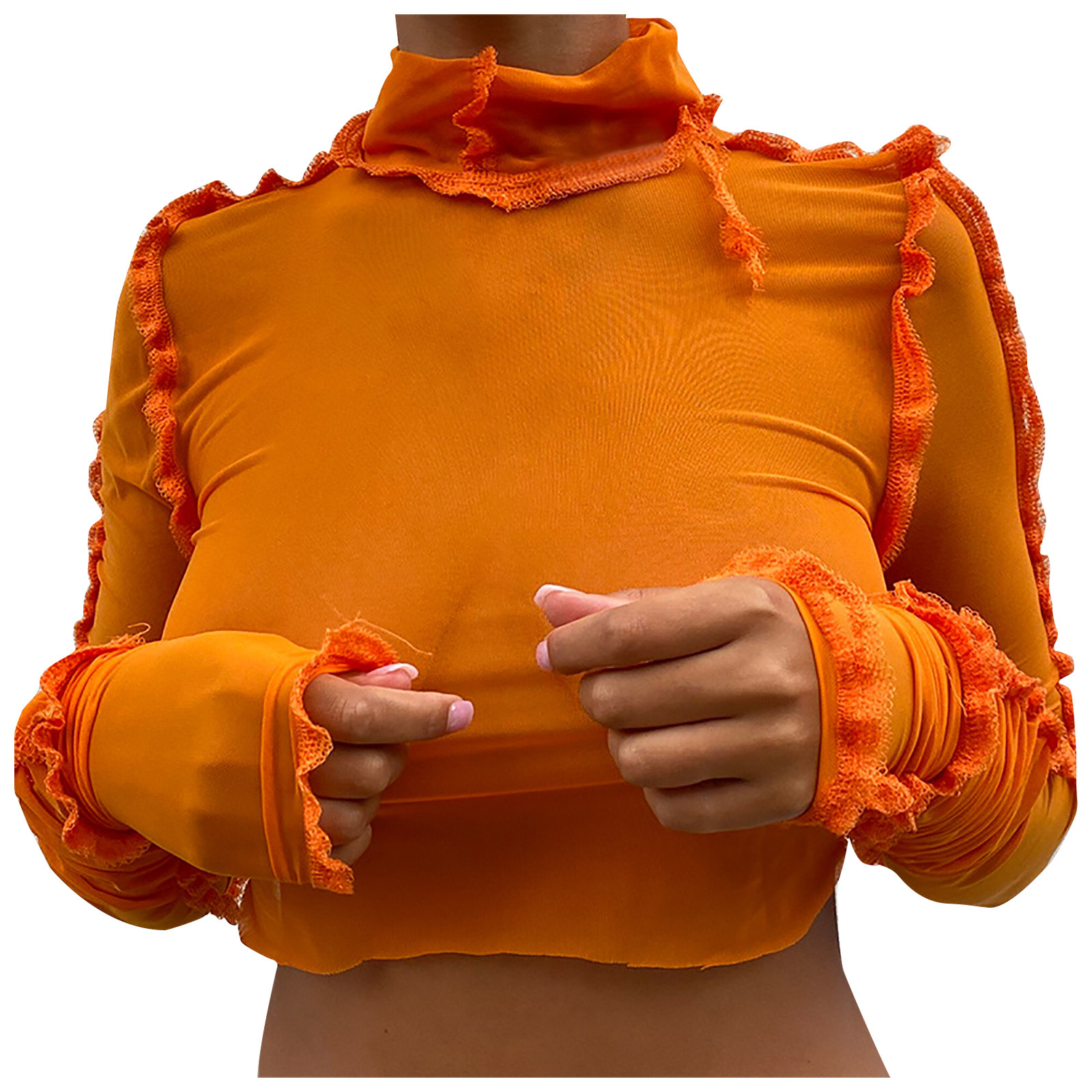 Womens Summer Tops Female High Collar Open Navel Mesh Perspective Long Sleeve Top Silk Tops for Womens Summer Tops Female High Collar Open Navel Mesh Perspective Long Sleeve Top Silk Tops for