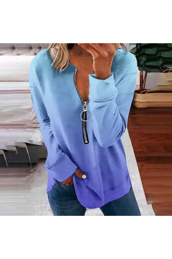 Fall Plus Size Sweatshirts for Women Gradient Color Long Sleeve Tunic Pullover Blue Half Zip Crew Neck Casual No Hood Tops