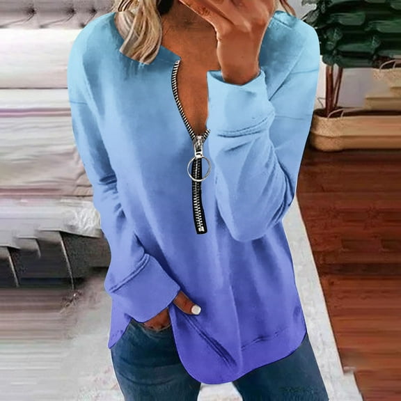 Royisotas Fall Plus Size Sweatshirts for Women Gradient Color Long Sleeve Tunic Pullover Blue Half Zip Crew Neck Casual No Hood Tops