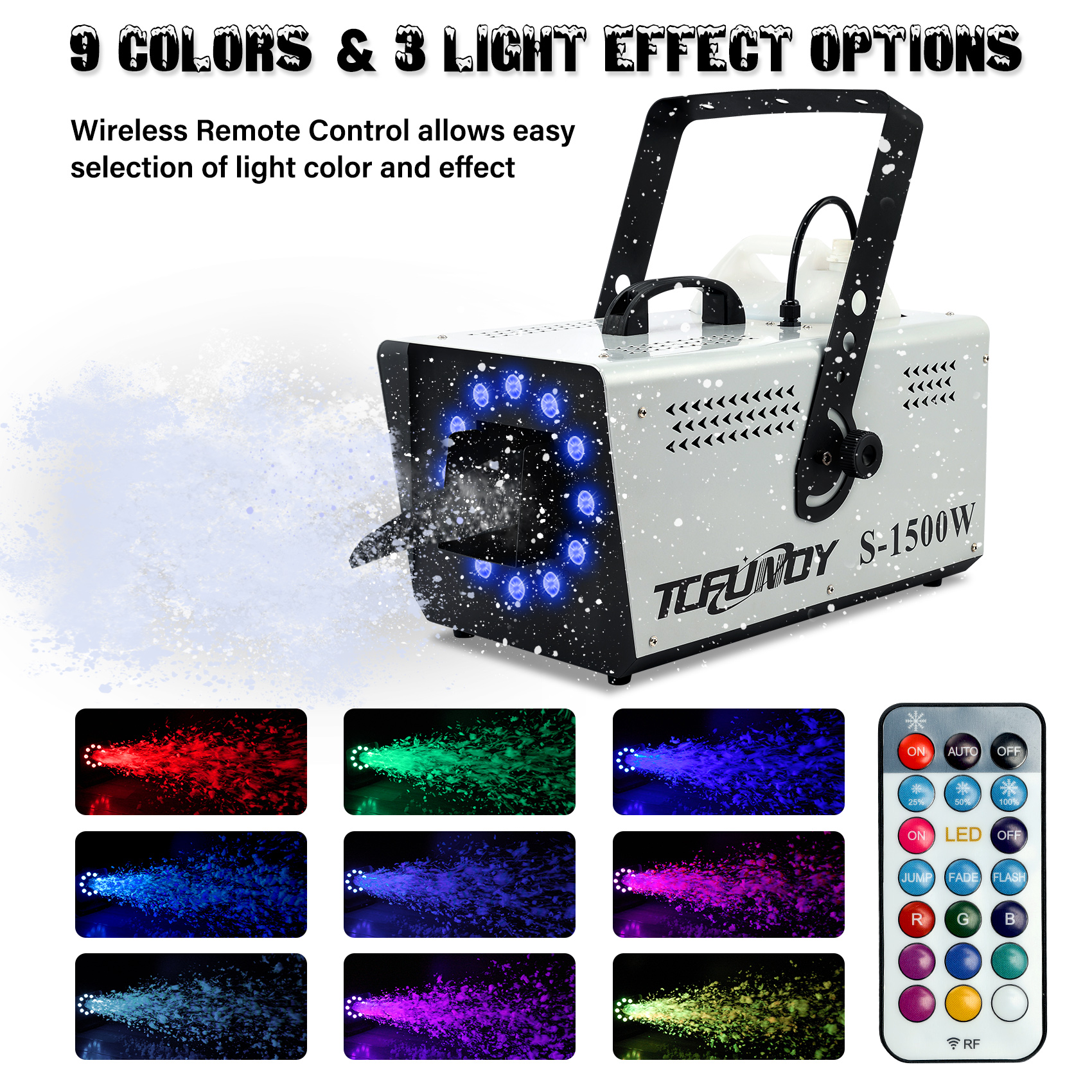 TCFUNDY 1500W Snow Machine w/ 9 RGB LED Lights, Adjustable Lighting, w/ Dual-Control Remote for Christmas, Snow and Light Effects