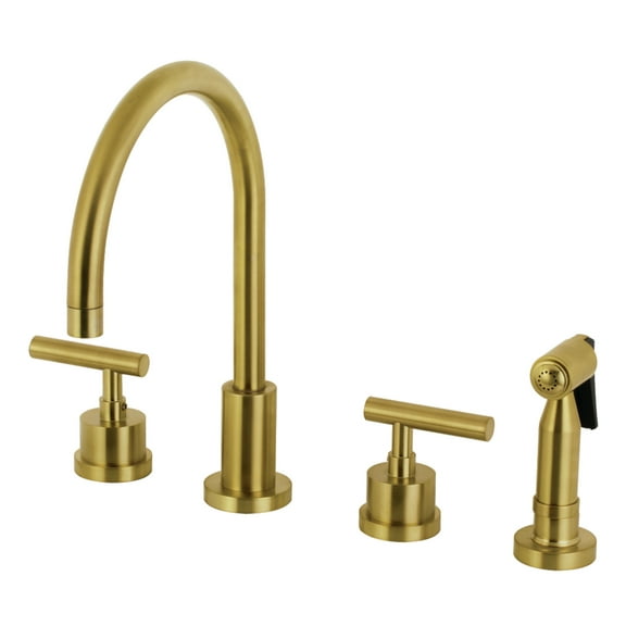 Kingston Brass KS8727CMLBS Manhattan Double-Handle 4-Hole Widespread Kitchen Faucet with Brass Sprayer in Brushed Brass