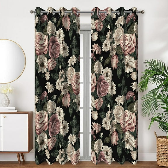 SUNOLIFE Black Floral Blackout Curtains 2 Panels 63 Inch Vintage Darkening Window Curtains for Living Room Bedroom