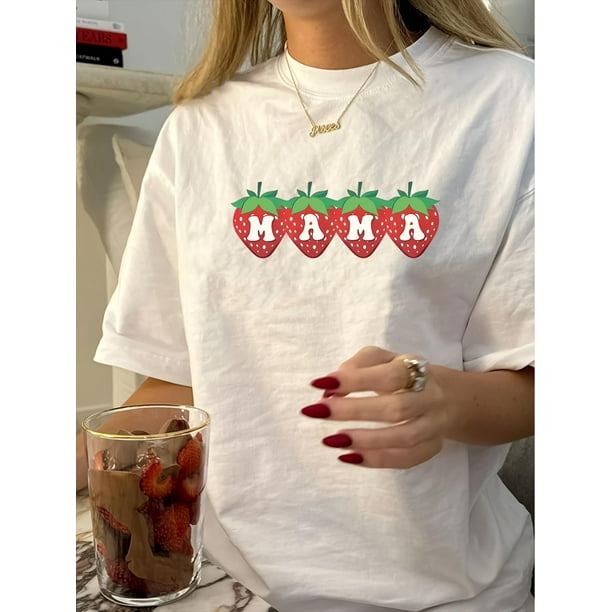 1pc Vintage Style Women'S T-Shirt, Geometric Strawberry Mama Print, Cotton Knit Fabric, Crew Neck, Short Sleeve, Regular Length, Casual Summer Top