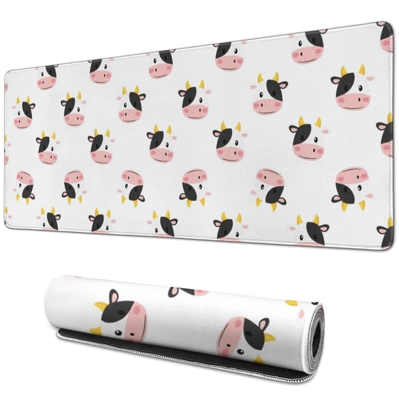 Long Mouse Pads for Desk,White Cow Head Pattern Desk Mats on Top Of Desks, Desk Mouse Pad Extra Large with 3mm Non-Slip Base and Stitched Edge for Gaming,Office,Work,Home 31.5"x11.8"