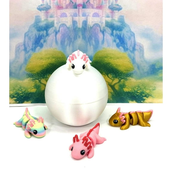 3D Printed Articulated Mini Axolotl with Egg, 4pcs Colorful Fidget Mini Axolotl Figures, Tiny Animal Figures, Birthday Party Decorations MA001