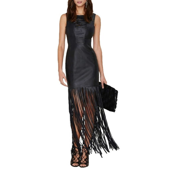 100% Lambskin Leather Beautifully Designed Stylish Black Color Partywear Dress For Women