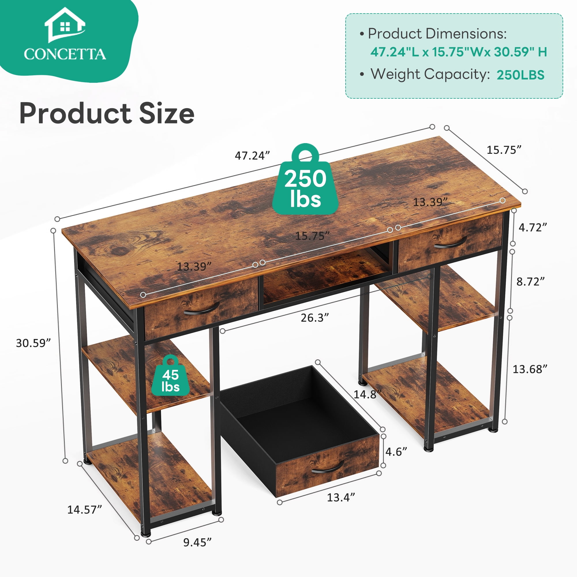 CONCETTA 48 inch Small Desk with Fabric Drawers & Storage Shelves