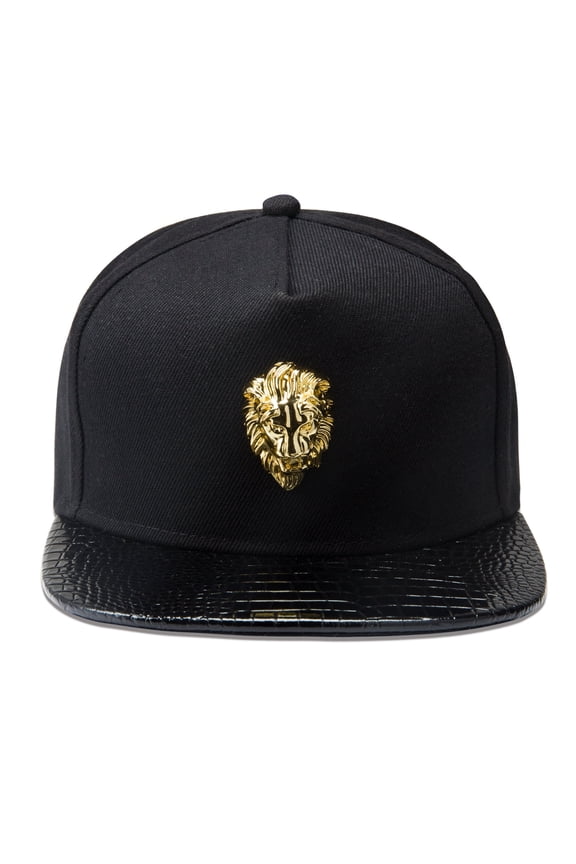 Lion Head Hip Hop Flat Brimmed Hat Men's Baseball Hat with Gold Lion Badge, Metal Badge Street Rap Men's (US, Numeric, 7 3/8, Black)