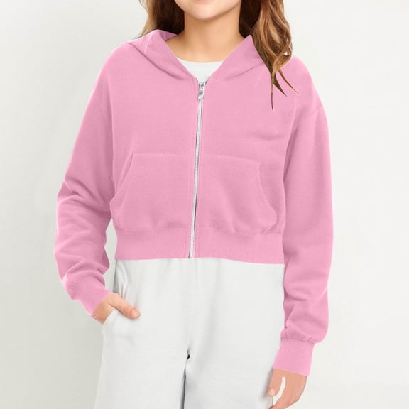 MAIHAN-Girls Zip Up Hooded Sweatshirt, Long Sleeve Casual Jacket, Solid Color Lightweight Pullover for School for Teen Girls Long Sleeve Sweater Thumb Hole(Pink,5-6Years)