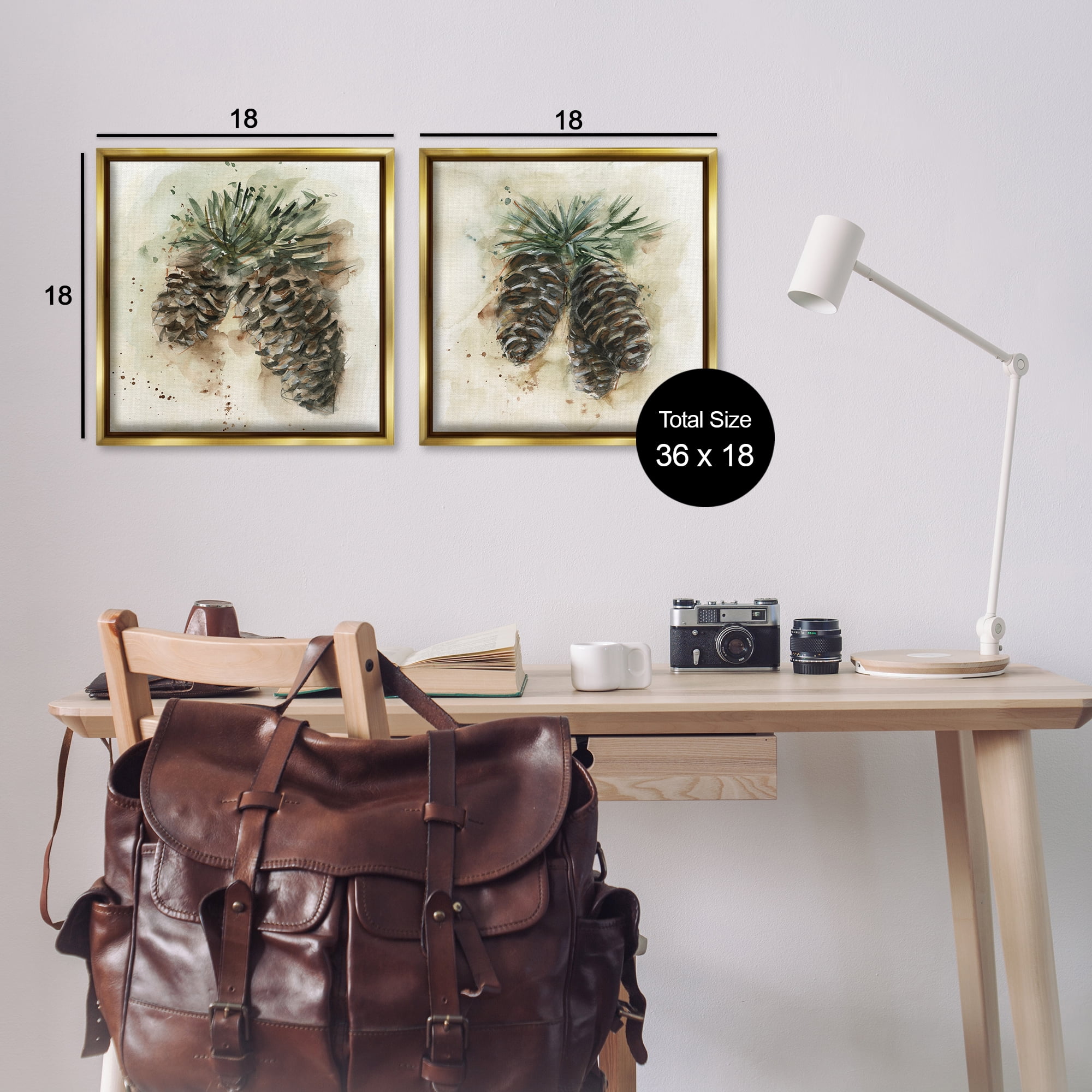 Stupell Industries Watercolor Drawing Pine Cones Plants & Flowers Painting Gold Floater Framed Canvas Art Print Wall Art, 18 x 18, Set of 2