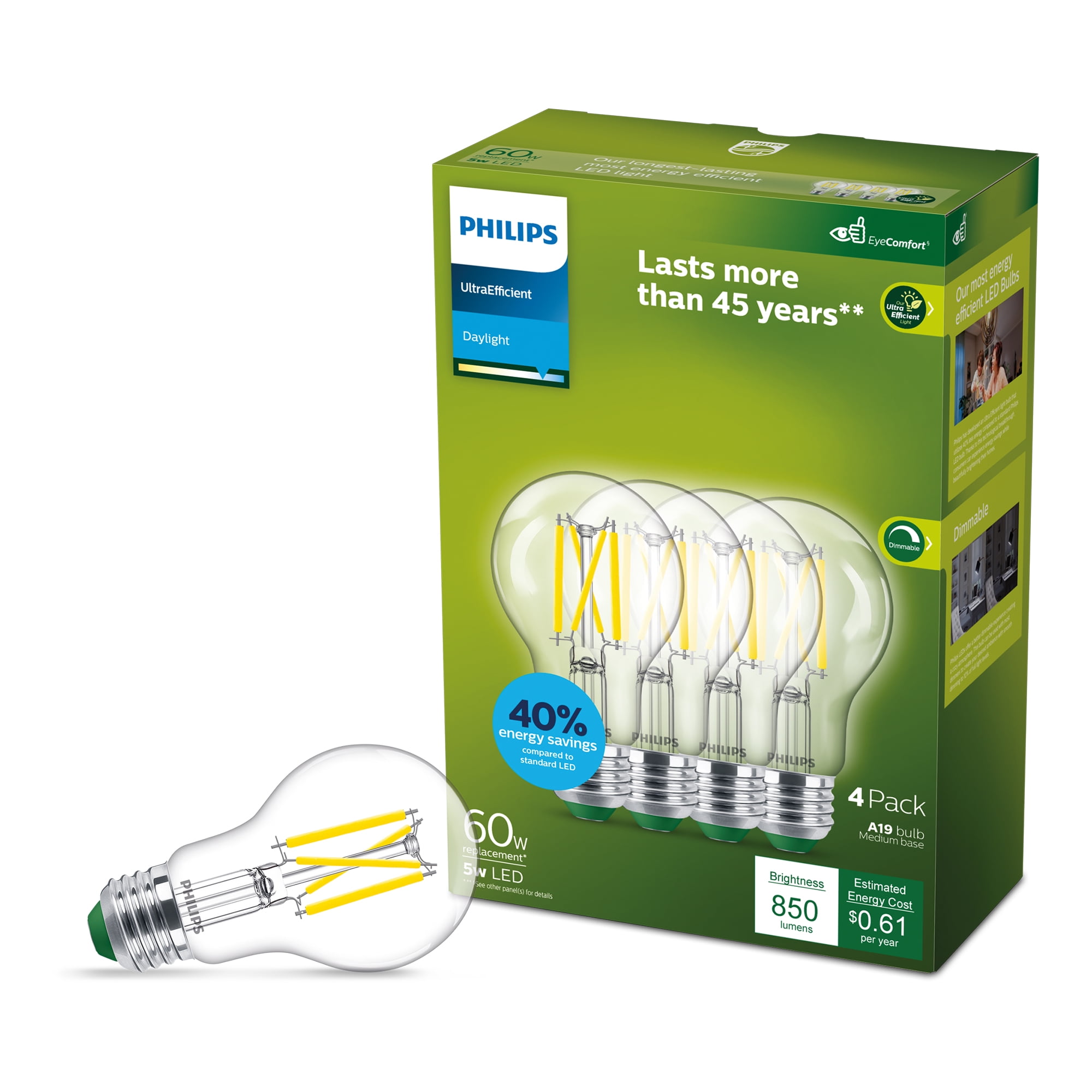 (3 pack) Philips Ultra Efficient LED 60-Watt A19 Light Bulb, Daylight, Clear, Dimmable, E26 Base (4-Pack)