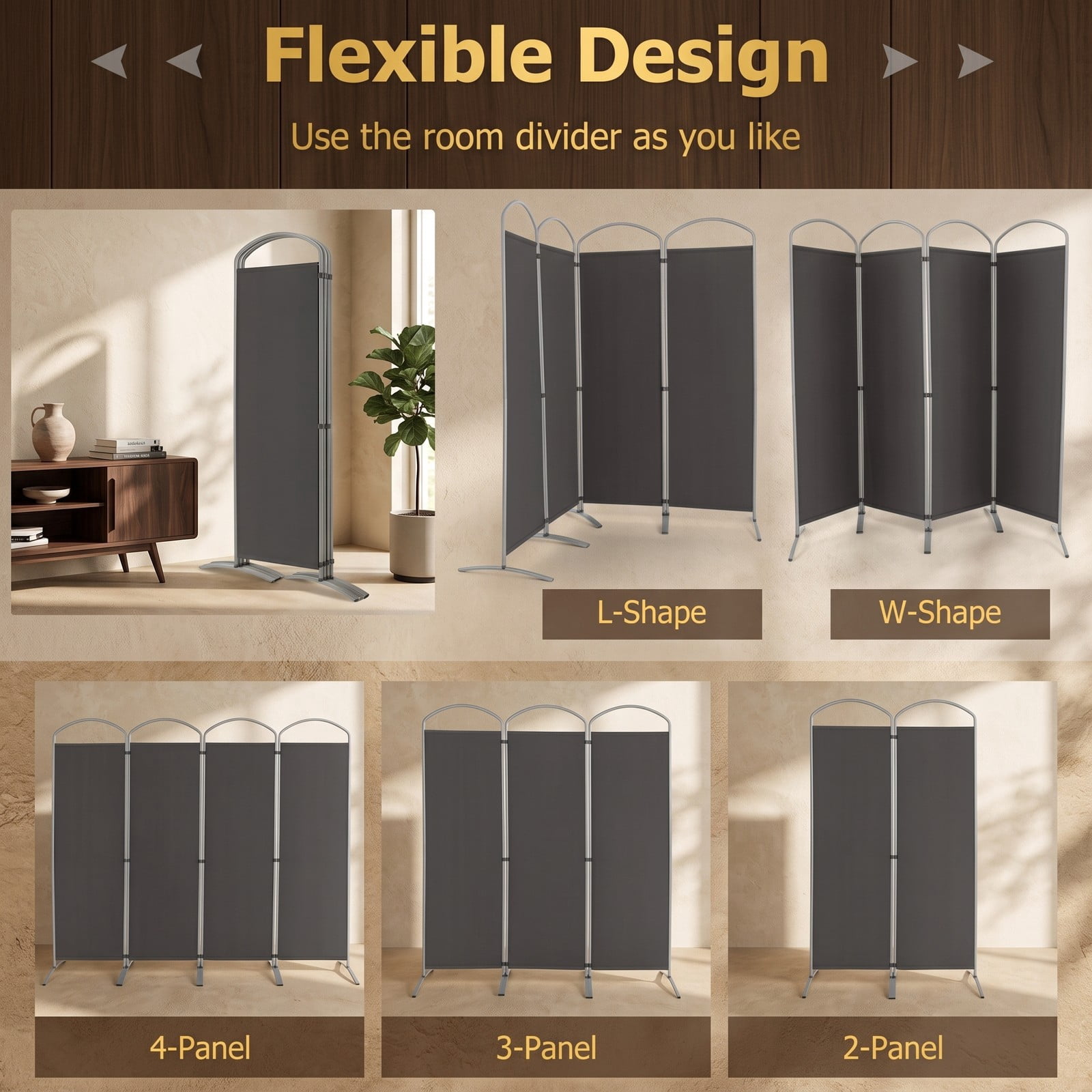 ALPULON 6.2Ft Folding 4-Panel Room Divider Freestanding Privacy Screen Partition for Home Office Living Room Bedroom, Polyester Fabric with Metal Base, Gray
