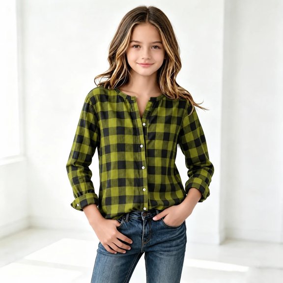 Girls Plaid Button Down Shirt Kids Fall Trendy Long Sleeve Crewneck Loose Tops for Daily Wear Yellow 14-16 Years
