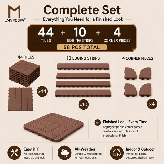 58-Piece Interlocking Deck Tiles, 12 x 12 in Waterproof Plastic Snap-Lock Patio Flooring with Edge & Corner Trims