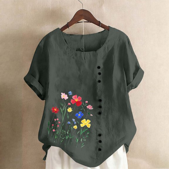 Dolkfu Breathable Womens Tops Short Sleeve Green Crew Neck T-Shirts Vintage Loose Fit Womens Shirts L