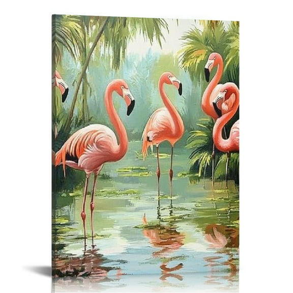 ZFLMY Flamingos Palm Trees Canvas Print Wall Art Decor Home Living Room Bathroom Office 12x16in