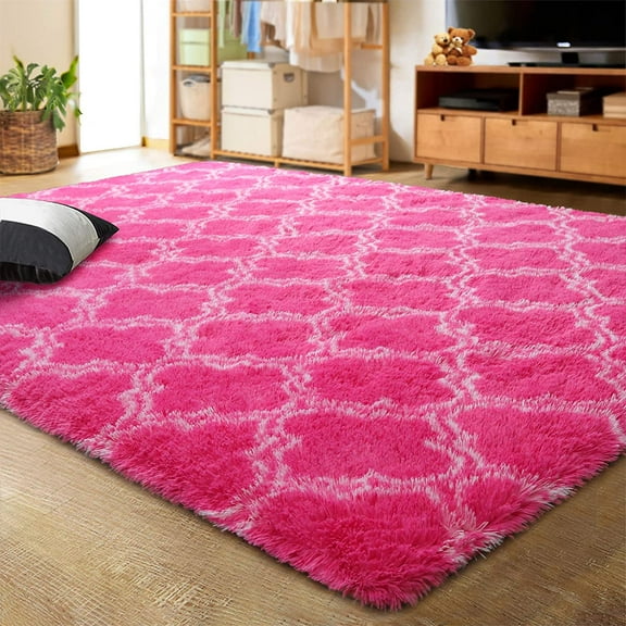 Noahas Soft Geometric Area Rugs for Bedroom Living Room Shaggy Patterned Fluffy Carpets, Decor Rug,5x8ft,Hot Pink/White