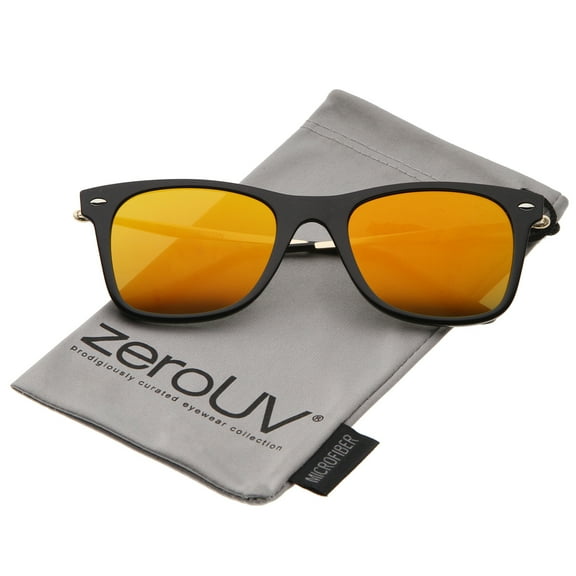 zeroUV Unisex Super Flat Slim Temple Square Mirror Flat Lens Horn Rimmed Sunglasses 51mm (Black-Gold / Orange Mirror) - 51mm