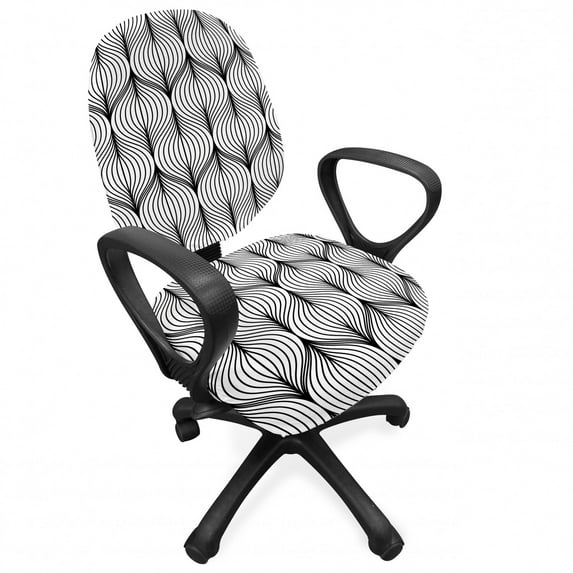 Geometric Office Chair Slipcover, Abstract Tiling Illustration with Wavy Lines Forming Curves Monochrome Optical, Protective Stretch Decorative Fabric Cover, Standard Size, Black White, by Ambesonne