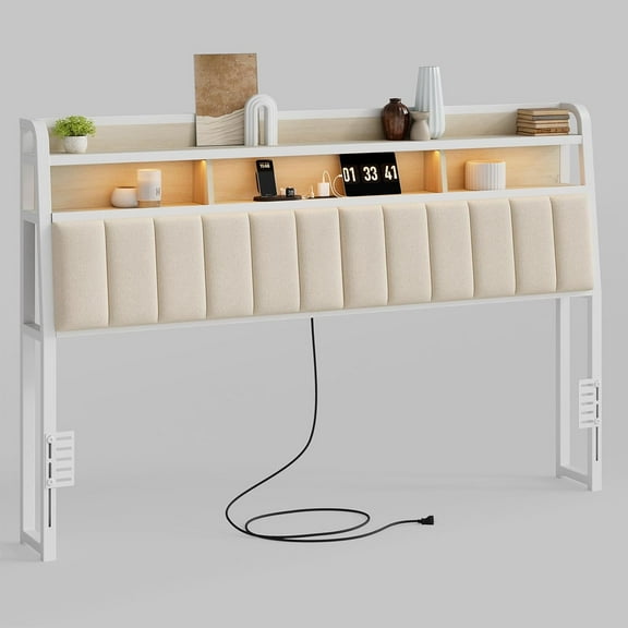 Ergonomic Headboard for King Size Bed with 2-Tier Storage, Upholstered Headboards with Outlets, USB Ports, LED Light, King Head Board Only, Height Adjustable, Sturdy and Stable, White