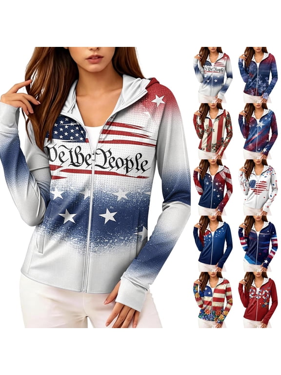 We The People Patriotic Hoodie for Women - 250th Anniversary Constitution Graphic Sun Jacket, Ombre American Flag Full Zip Up Long Sleeve with Thumbholes & Pockets Red XXL