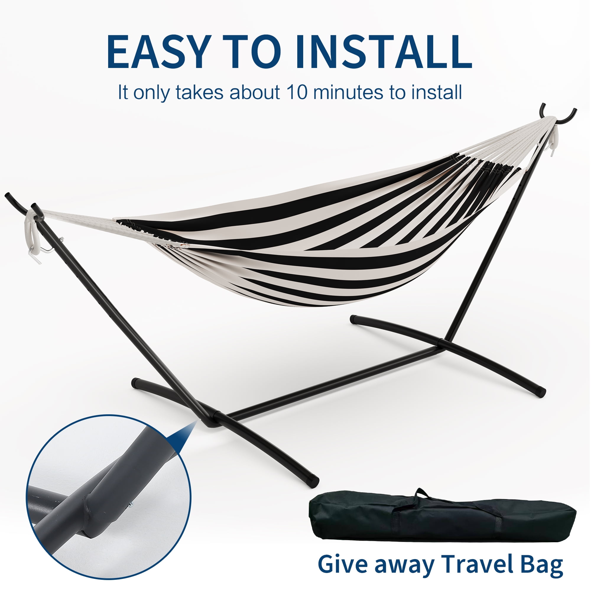 Heavy Duty Double Hammock with Steel Stand, Adjustable 2 Person Hammock Chair, Portable Indoor/Outdoor Swing, 450 lbs Capacity, Backyard, Garden, Camping, Includes Carry Bag