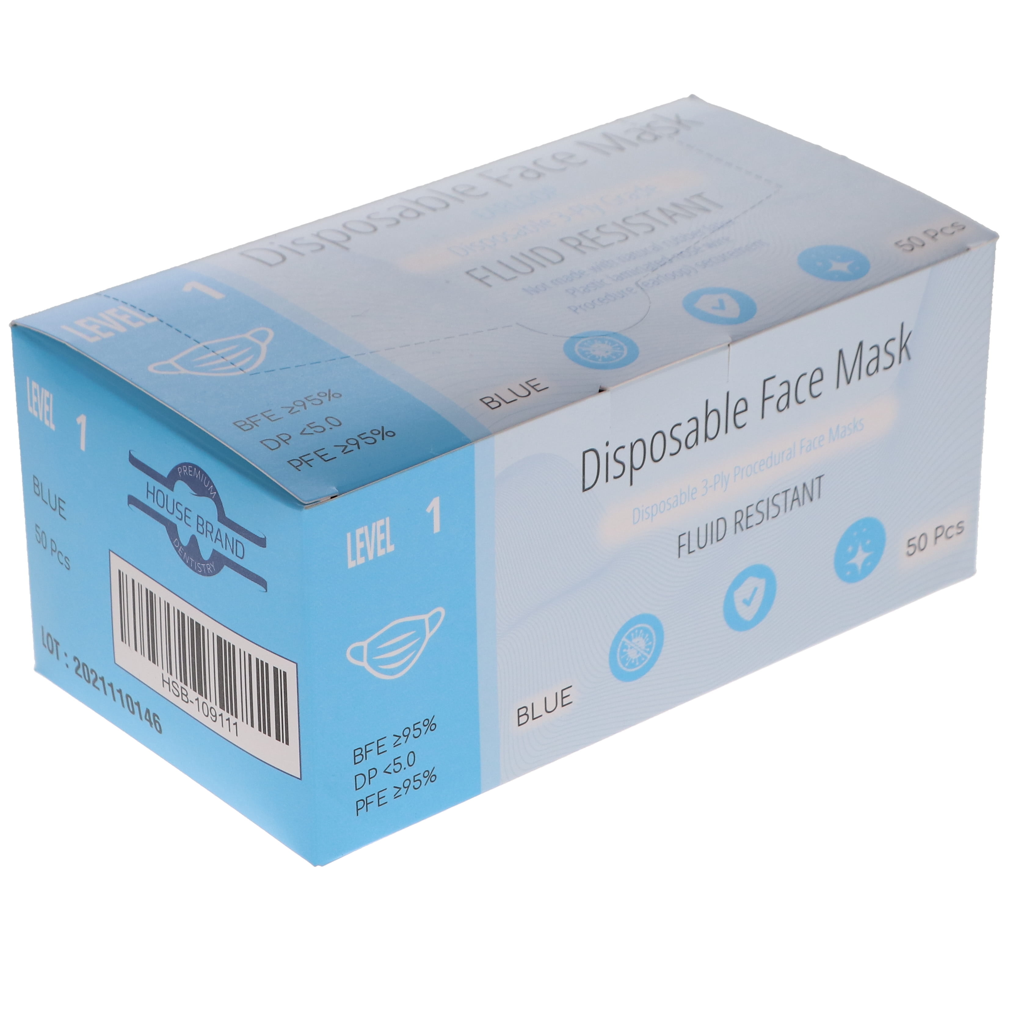 House Brand Dentistry 109111 3-Ply Earloop Face Masks ASTM Level 1 PFE 95% Blue 50/Bx House Brand Dentistry 109111 3-Ply Earloop Face Masks ASTM Level 1 PFE 95% Blue 50/Bx