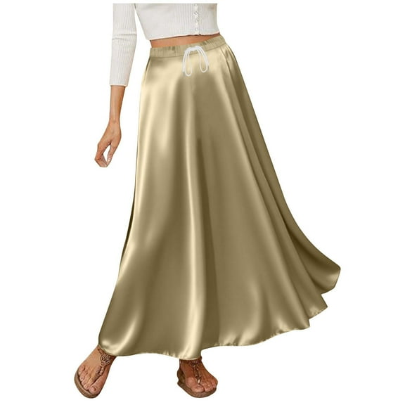 Gfyviroh Skirts for Women Silk Satin Drawstring Elastic Waist Maxi Skirts Casual Lightweight Comfortable Long Skirts