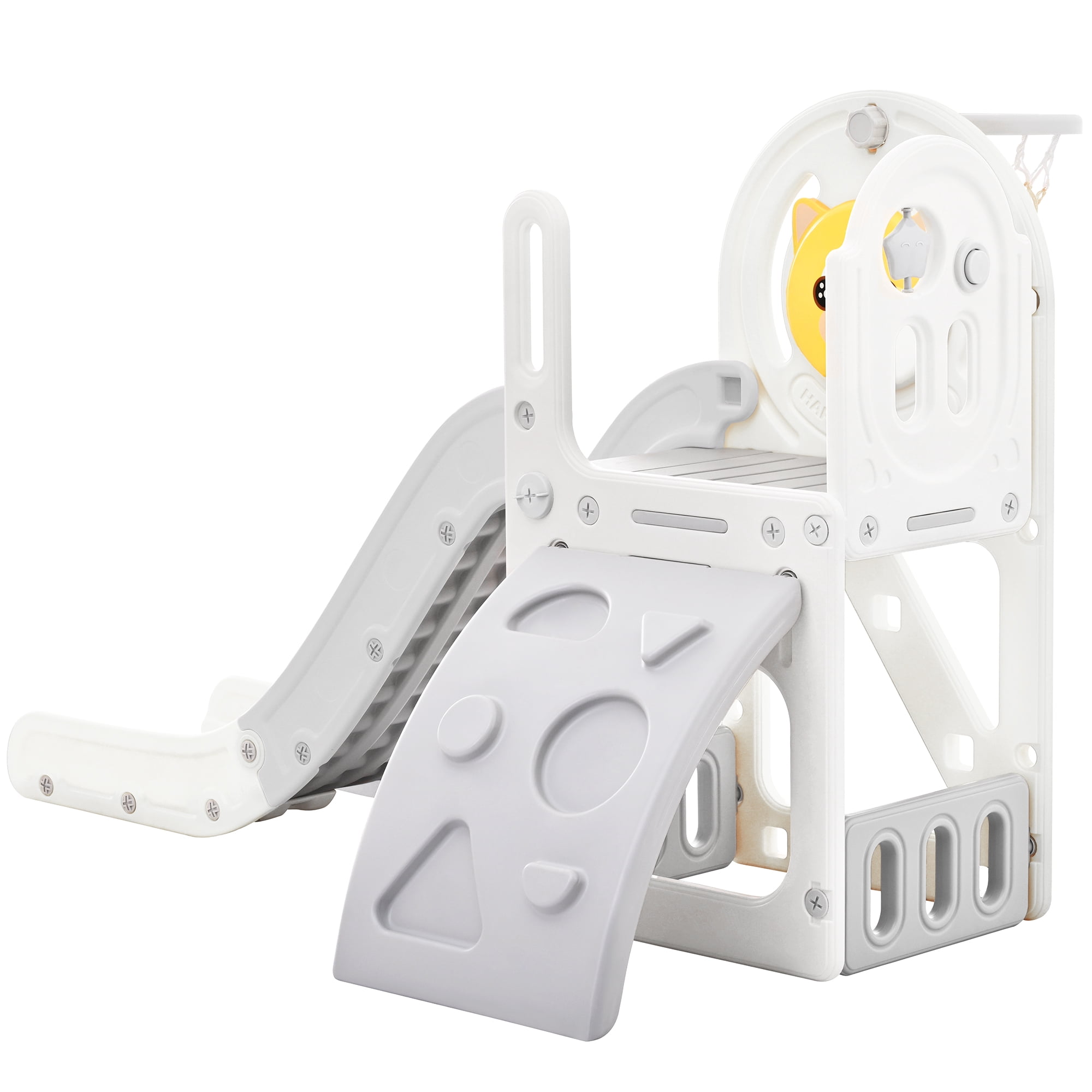 Toddler Climber and Slide Set 4 in 1, Kids Playground with Basketball Hoop, Kids Climber & Slide Playset, Gray