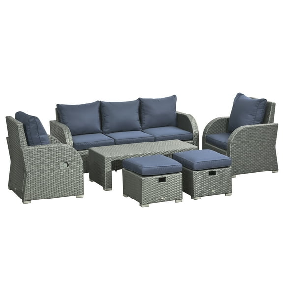 Outsunny Patio Furniture with Cushions, 6 Pieces PE Wicker Patio Sectional Furniture Conversation Set w/ a Three-Seat Sofa, 2 Recliner Chairs, 2 Footstools & Table, Dark Blue