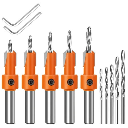 FRKSMD-Countersink Drill Bit Set 5 Pcs Counter Sink Bits for Wood Tapered Drill Bits for Woodworking Round Shank Allen Wrench Wood Screw Counter Sinker Drill Bits with Depth Stop Pilot Screw Hole Se