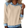 thumbnail image 3 of Women's Denim Patchwork Lapel Pullover, Casual Contrast Stitching Sweatshirt, Comfortable Knit Blouse, Fashion Collar Shirt, Streetwear Style Tops Beige L, 3 of 8