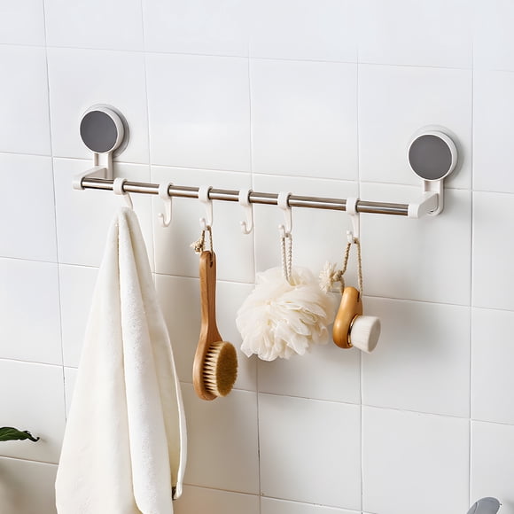 Stainless Steel Towel Rack | Non-Perforated Suction Cup Bathroom Organizer - Removable 6 Hooks | No-Drill Wall Mounted Holder | Space Saving Storage for Towels & Kitchen Utensils 48.5x7.8x14cm