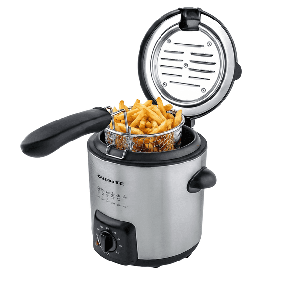 OVENTE Electric Deep Fryer, 0.9L Capacity, 840W, Silver FDM1091BR | Adjustable Temperature Knob, Locking Lid, Removable Frying Basket and Cool Touch Handle, Easy to Clean Stainless Steel Body