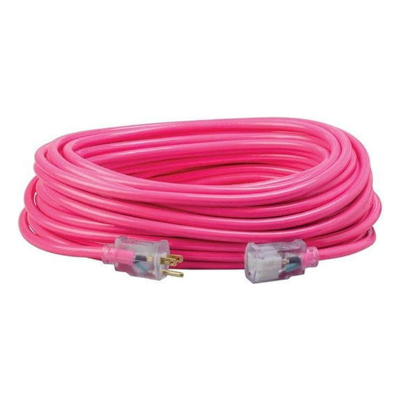 Heavy Duty Extension Cord, 100Ft, 12 Gauge, 3 Conductor, High Visibility Outdoor Cord, Lighted End, SJTW, Cool Pink, 2579SW000A