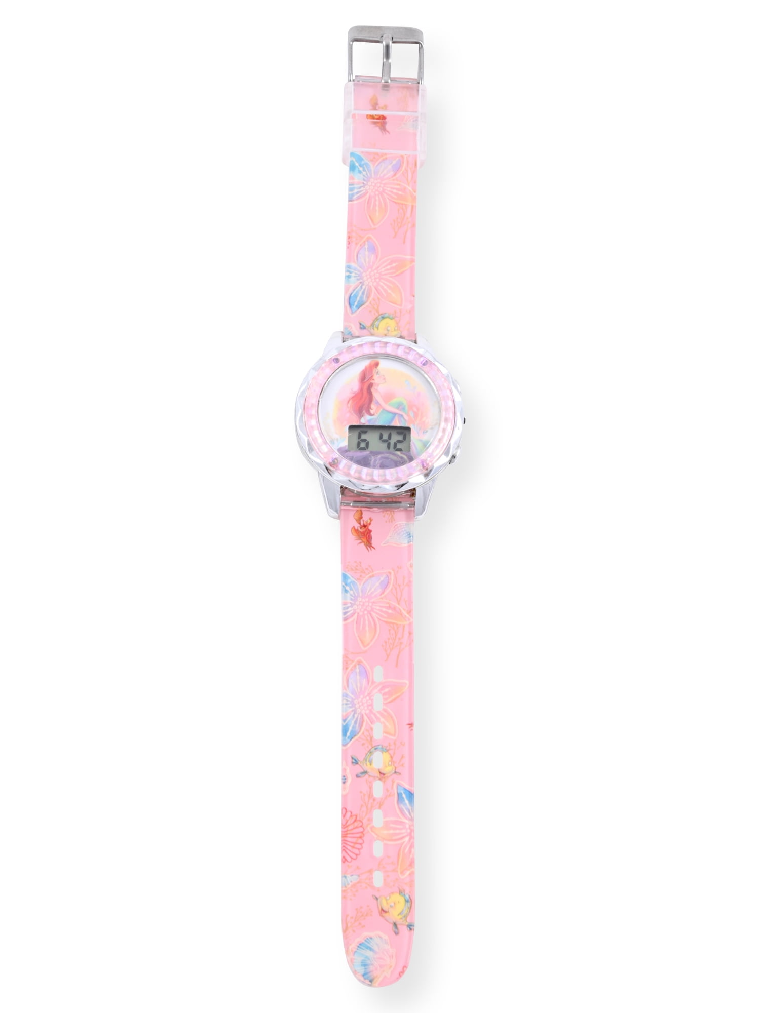 Disney Princess Ariel Girls Flashing LCD Pink Ombre Silicone Watch, Bracelet and Hair Accessory 3 Piece Set