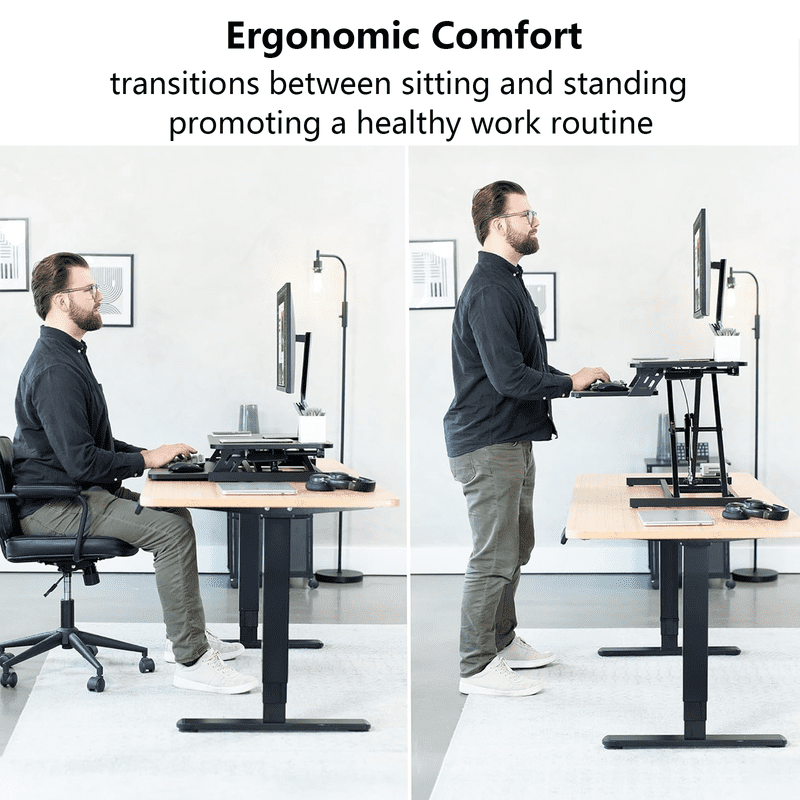 32" Standing Desk Converter with Removeable Keyboard Tray, Height Adjustable Stand Up Desk Riser, Sit to Stand Desk Risers for Dual Monitor and Laptop, 44LBS Weight Capacity, Black