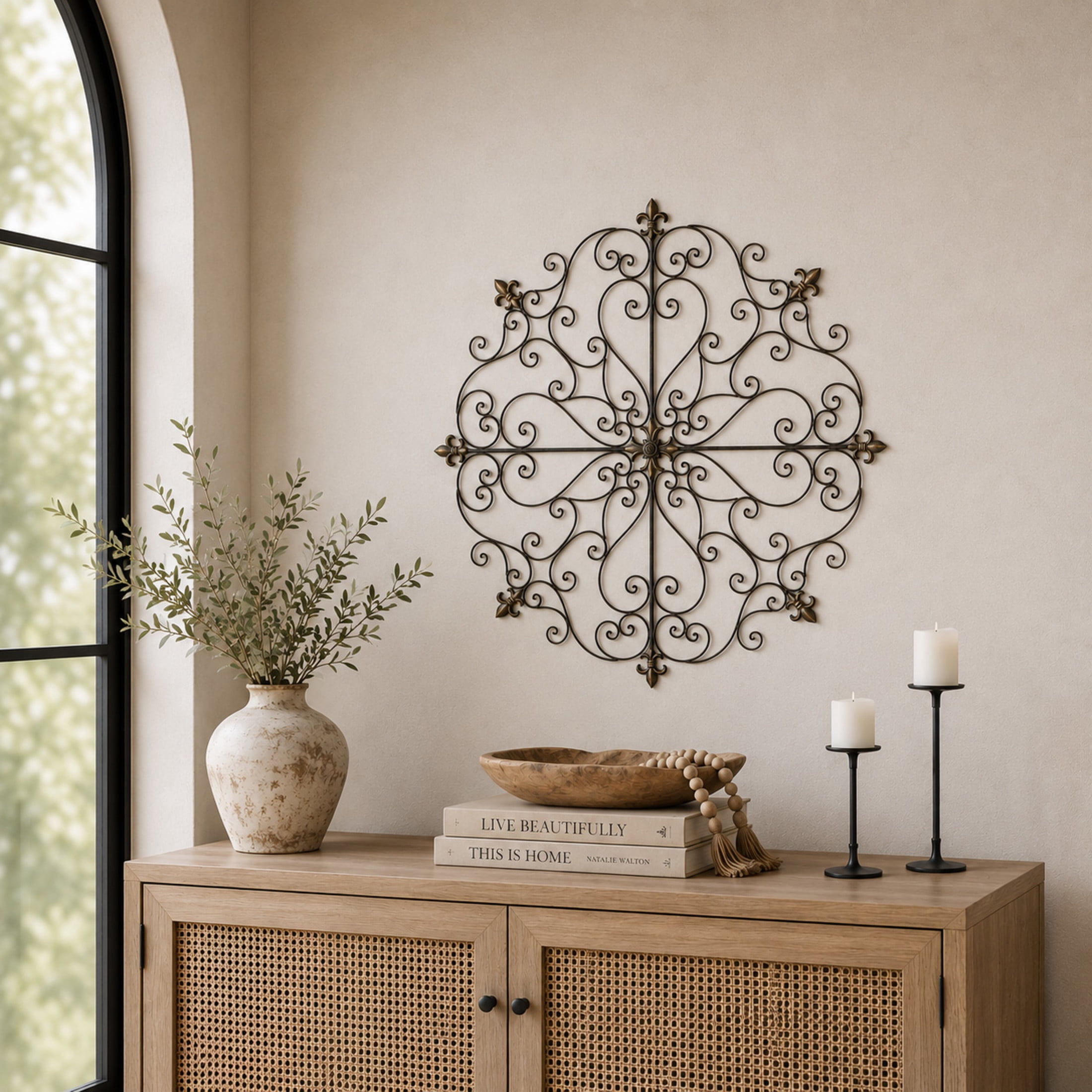 DecMode Brown Metal Scrolled Medallion Fleur De Lis Wall Decor