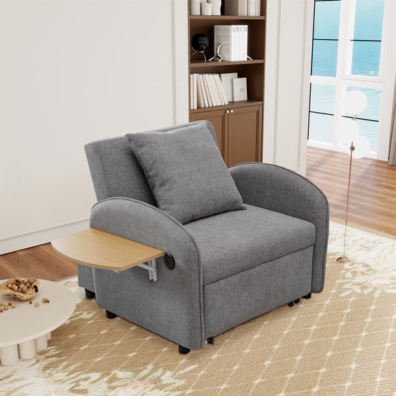 Spaco Convertible Armchair Chair, 3 in 1 Pull-Out Sleeper Sofa Bed with Computer Board and USB Ports, Adjustable Couch Bed for Living Room, Office, Small Places, Gray