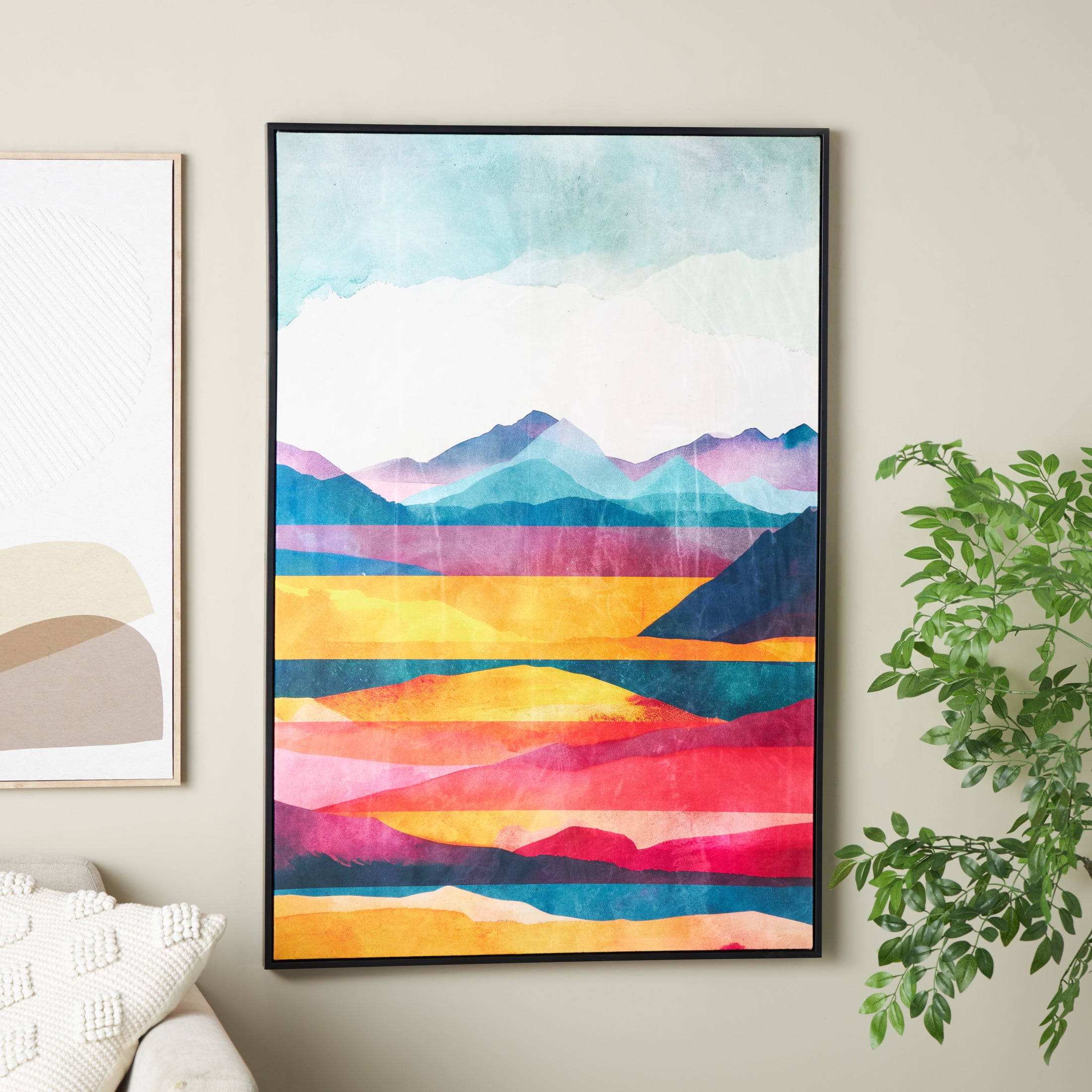 33" x 48" Mountains and Lake View Abstract Framed Wall Art with Black Frame, by DecMode