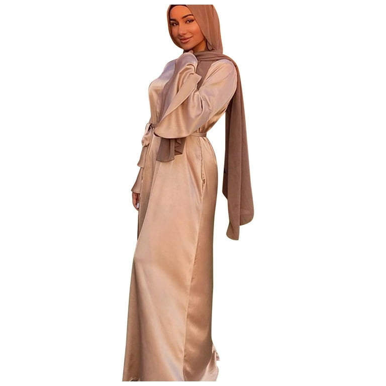 Mrulic muslim Dress for women Women's Fashion Solid Color O-Neck Long Sleeve Satin Soft Waist And Ankle Dress Brown + XL Mrulic muslim Dress for women Women's Fashion Solid Color O-Neck Long Sleeve Satin Soft Waist And Ankle Dress Brown + XL