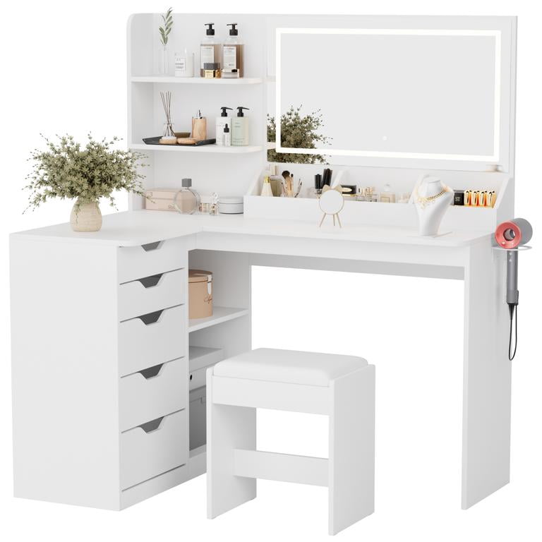 Lacoo L-Shaped Corner Vanity Desk with LED Mirror & Stool, 5-Drawer Makeup Vanity Table with Charging Station & Hair Dryer Rack, Space-Saving Corner Vanity Set for Bedroom, White