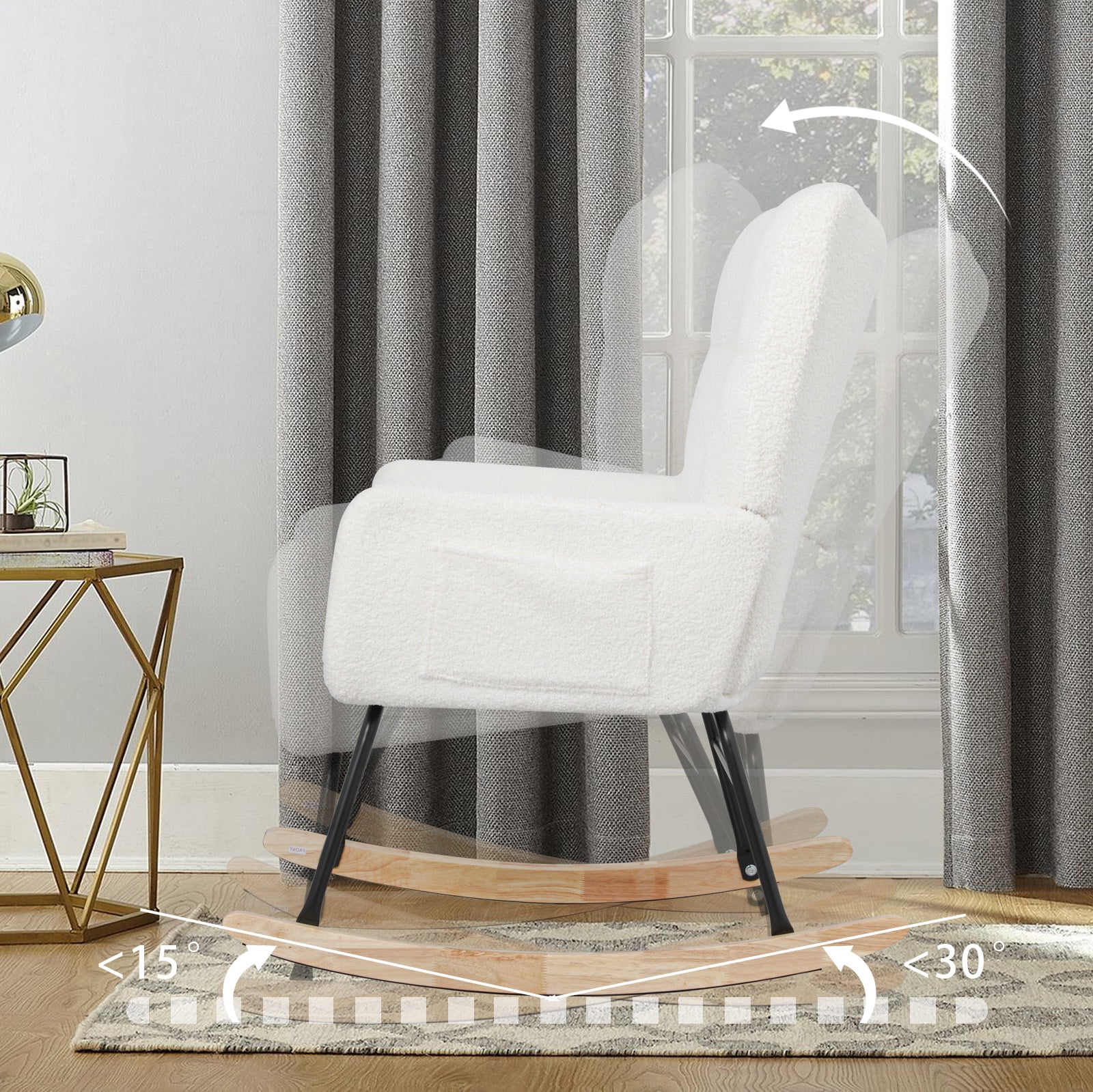 Teddy Fabric Rocking Chair, Upholstered Rocker Armchair with High Backrest, Modern Rocking Accent Chair for Nursery, Living Room, Bedroom, White