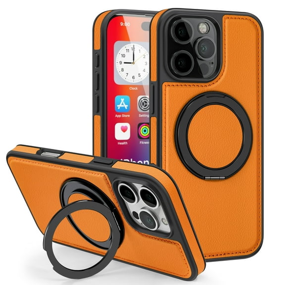 ZYQEEE Leather Case for iPhone 17 Pro Max, Compatible with Wireless Charging, 360 Spin Magnetic Stand Shockproof Protective Magnetic Case, Military Protection for Apple 17 Pro Max, Orange