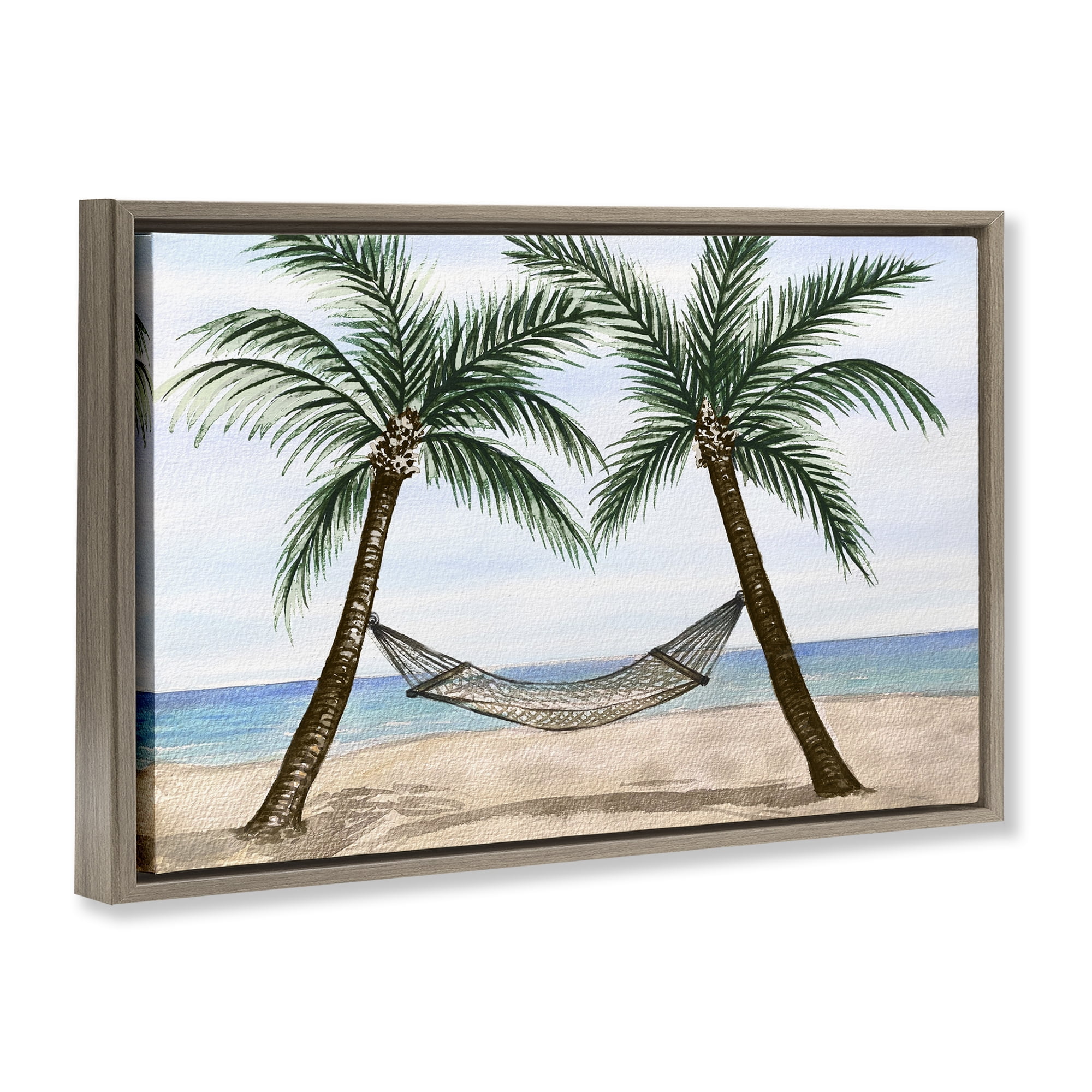 Stupell Industries Hammock Between Palms Landscape Painting Brown Floater Framed Canvas Art Print Wall Art, 31 x 21