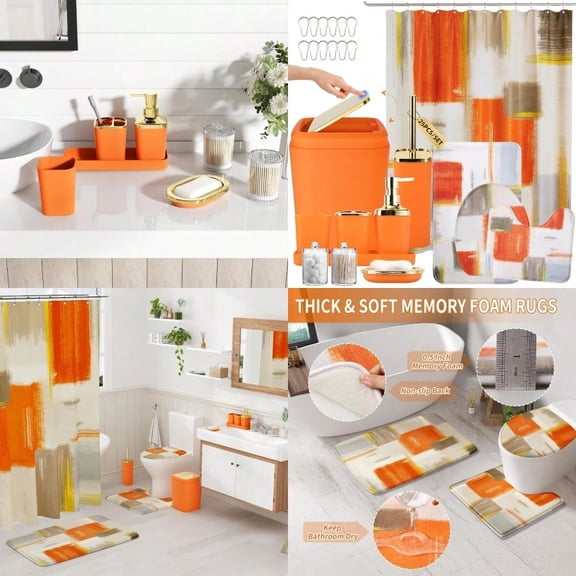 Bathroom Accories Set - 25PC Bathroom Set with Shower Curtain and Rugs Orange Bathroom Set Bathroom Accory Set with Pr-on Lid Trash Can Soap Dispenser and Qtip Holders