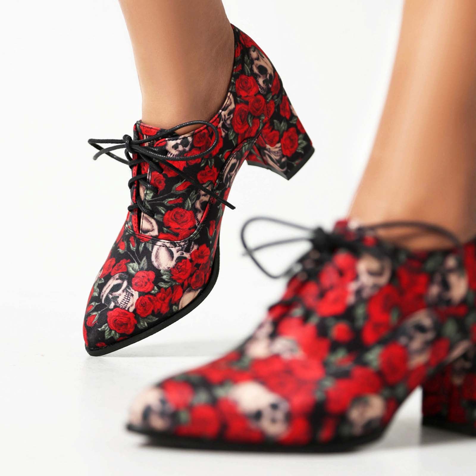 Women's Casual Colorful Print Pumps Shoes Chunky High Heel Pointed Toe Lace Up Suede Dress Shoes