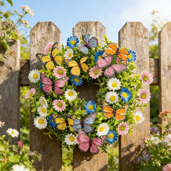 AYktou Summer Spring Wreaths for Front Door, 13.8 Inch Artificial Flowers Simulated Daisy Butterflies Cluster, Bright and Colorful Door Wreaths Faux Flower Rings Wall Hanging Decor for Porch Garden